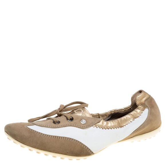 Tod's White/Gold Leather and Suede Gomma Lace Slip On Sneakers Size 40 - Picture 1 of 4